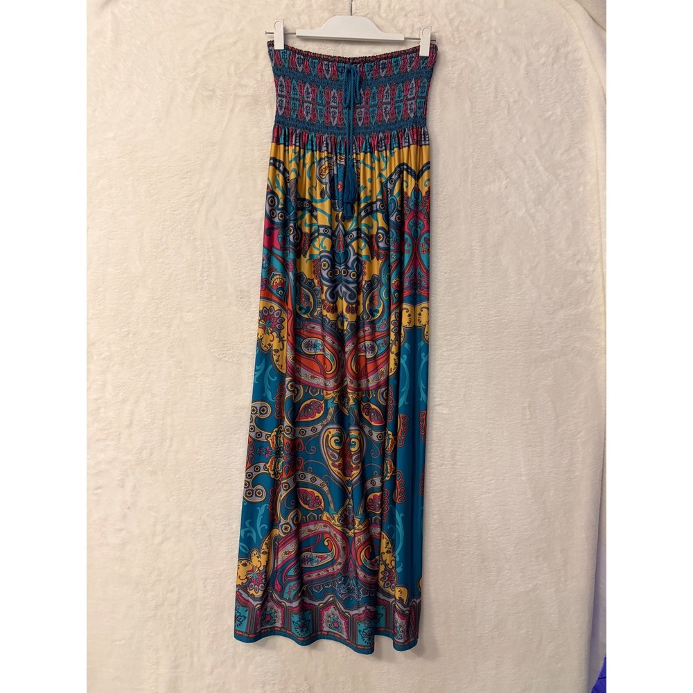 Flying Tomato Paisley Maxi Dress Womens Large Blue Yellow Smocked Strapless Boho